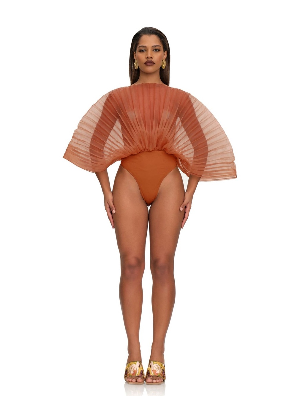 Andrea Iyamah Sombra Bodysuit M Rust Pomegranate Pleated Organza Sculptural Luxe
